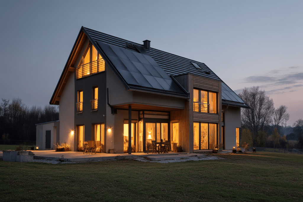 Haus mit sparsamer Wärmepumpe, abends mit Licht an