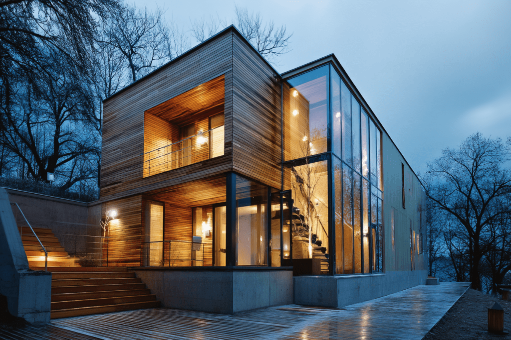 Modernes Holzhaus bei Nacht mit Licht an welches effizient ist