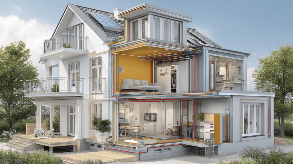 Energetische Sanierung eines Hauses Schaubild mit Innenleben