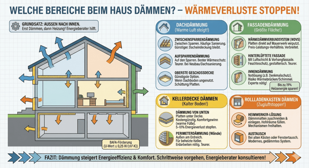 Grafik zeigt die wichtigsten Bereiche beim Haus dämmen – Dach, Fassadendämmung, Kellerdecke und Rollladenkästen – sowie typische Wärmeverluste und empfohlene Dämmmaßnahmen zur Steigerung der Energieeffizienz.