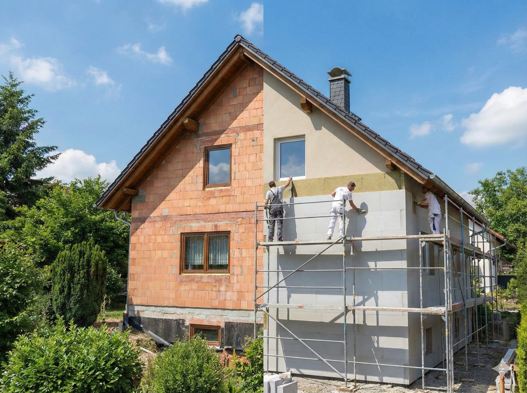Fassadendämmung mit Dämmplatten an einem Einfamilienhaus