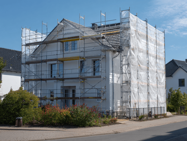 Handwerker bringt Wärmedämmung an Hausfassade an
