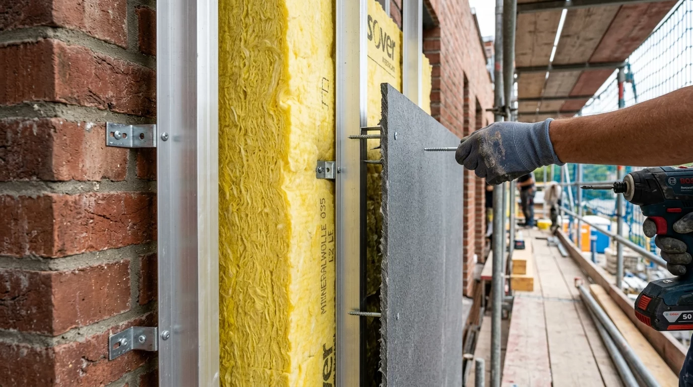 Schichtaufbau einer vorgehängten hinterlüfteten Fassade mit Mineralwolle und Alu-Unterkonstruktion