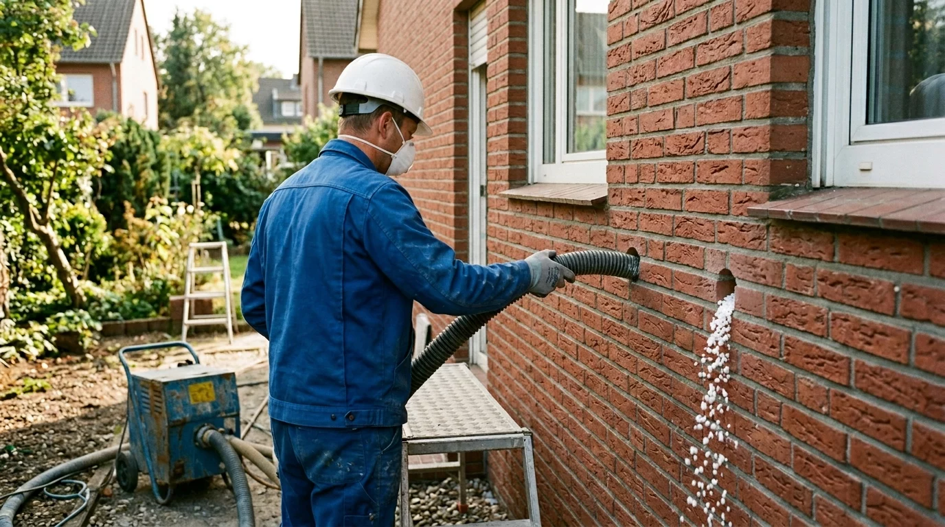 Monteur bläst EPS-Perlen als Kerndämmung in die Hohlschicht eines Klinker-Einfamilienhauses