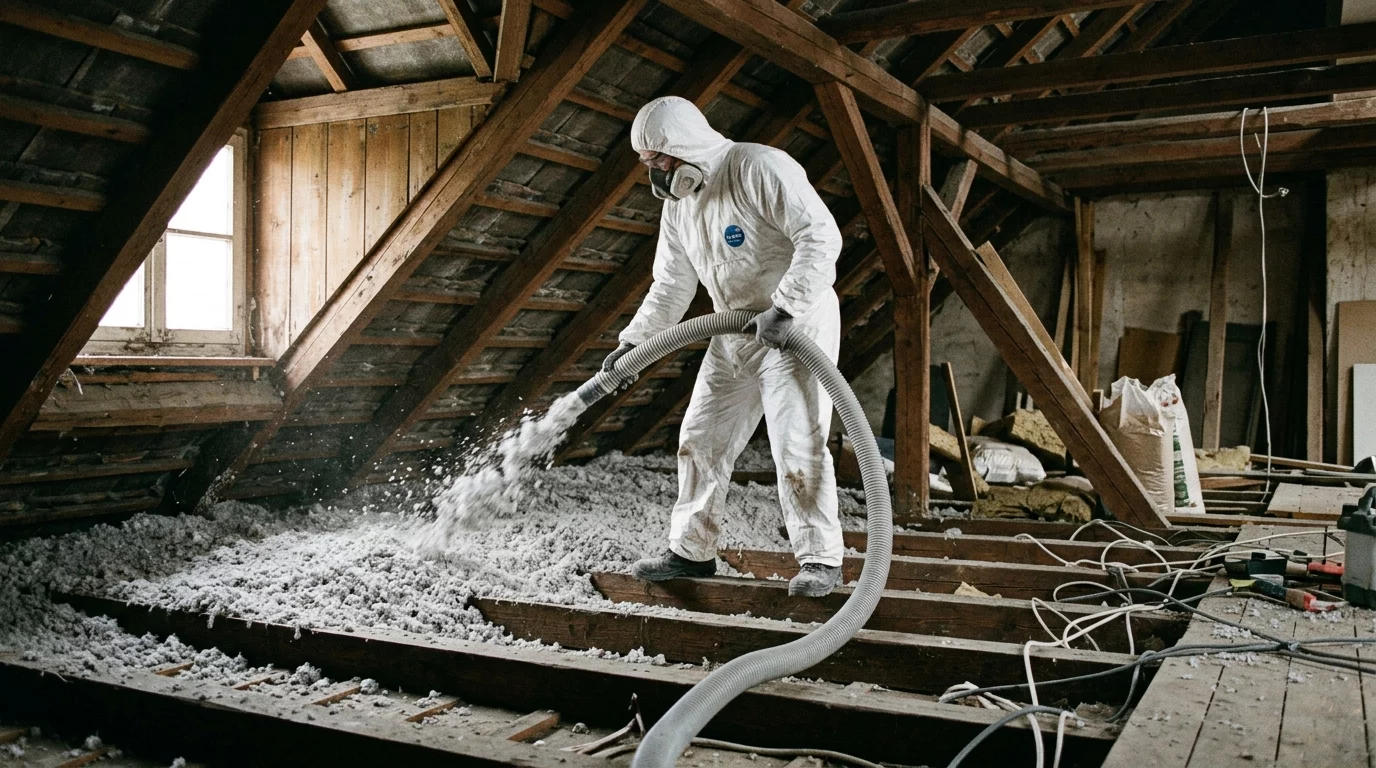 Monteur bläst Zellulose-Dämmung auf die oberste Geschossdecke in einem Altbau-Dachboden