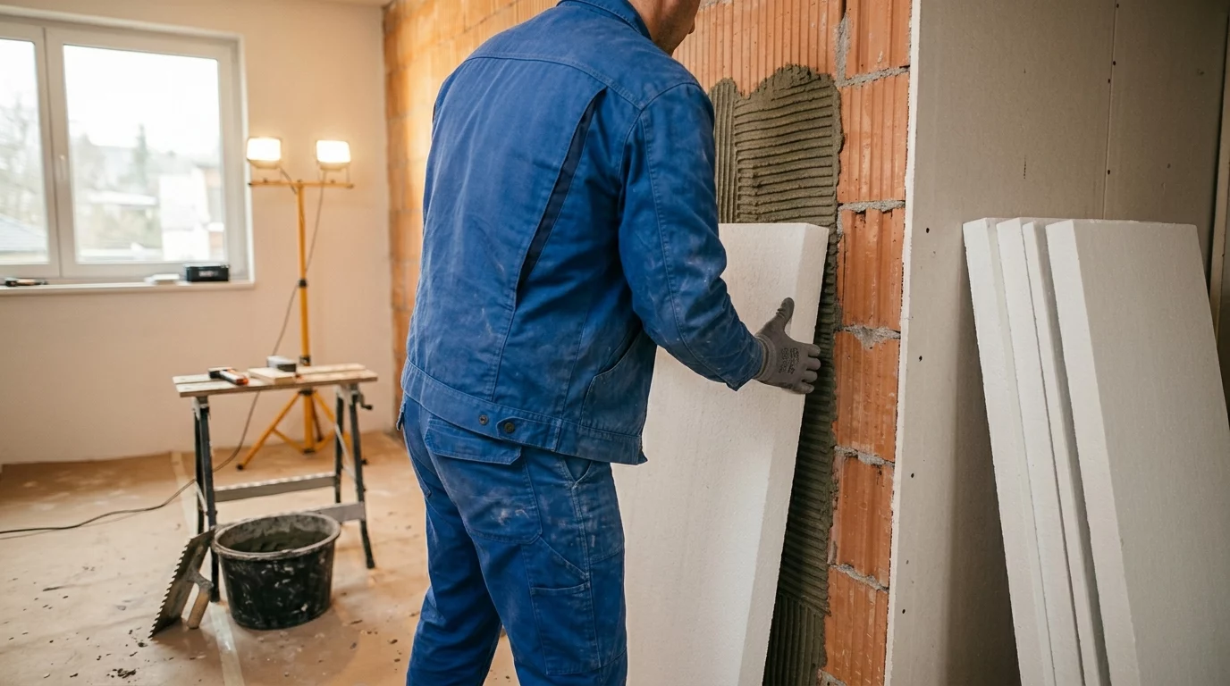 Fachhandwerker bringt Innendämmung mit Dämmplatten an einer Außenwand im Altbau an