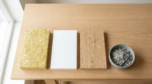 Verschiedene Dämmstoffe im Vergleich: Mineralwolle, EPS, Holzfaser und Zellulose nebeneinander