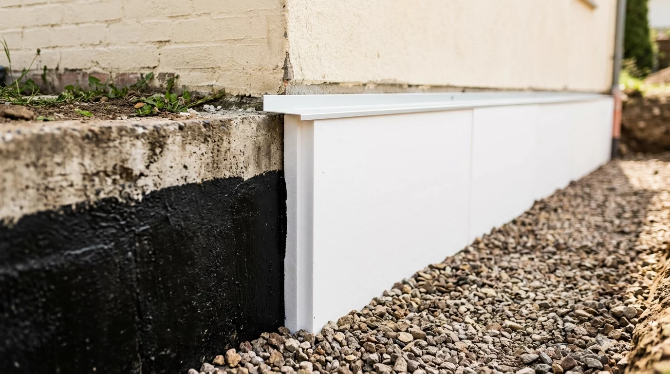 Schichtaufbau Perimeterdämmung: schwarze KMB-Beschichtung, weiße XPS-Platten ohne Dübel und Kiesbett an Altbau-Fundament