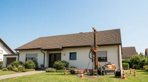 Bohrgerät bei der Erdwärmesonden-Bohrung im Garten eines Einfamilienhauses für eine Sole-Wasser-Wärmepumpe