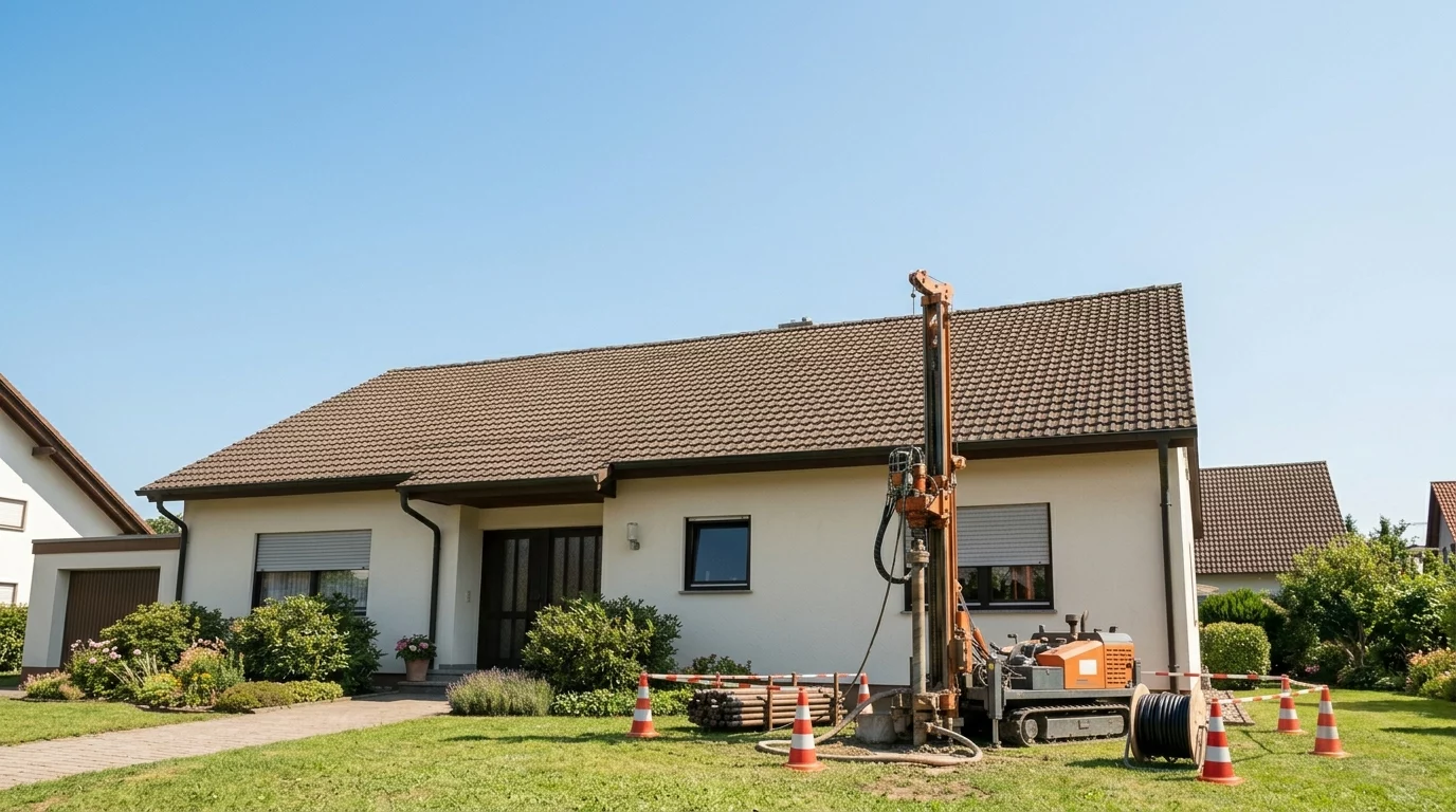 Bohrgerät bei der Erdwärmesonden-Bohrung im Garten eines Einfamilienhauses für eine Sole-Wasser-Wärmepumpe
