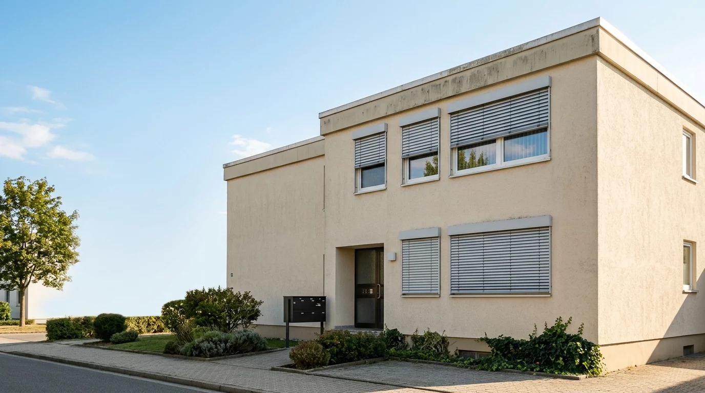 Außenliegender Sonnenschutz: Raffstore-Lamellen an Altbau-Fenstern in halbgeöffneter Position