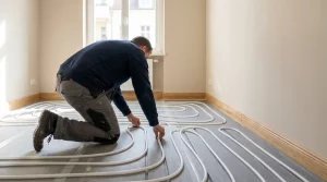 Handwerker verlegt Fußbodenheizungsrohre in Trockensystem-Platten im renovierten Altbau