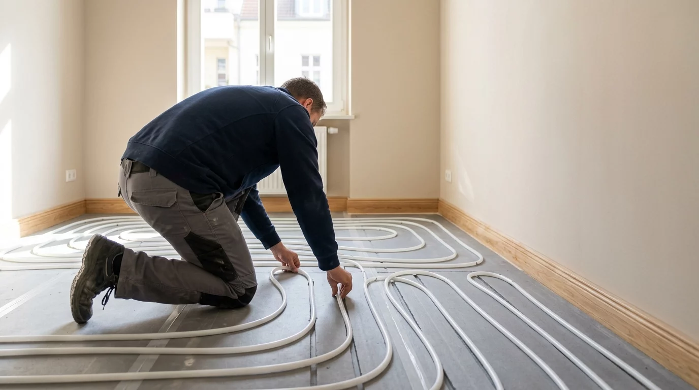 Handwerker verlegt Fußbodenheizungsrohre in Trockensystem-Platten im renovierten Altbau