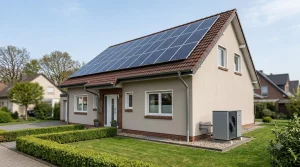 Einfamilienhaus mit Photovoltaikanlage auf dem Dach und Wärmepumpe im Garten – KI-generiertes Bild