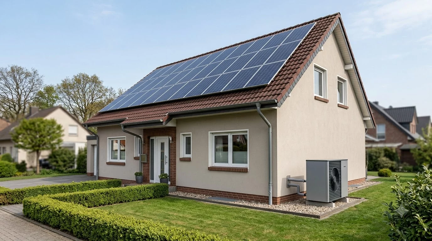 Einfamilienhaus mit Photovoltaikanlage auf dem Dach und Wärmepumpe im Garten – KI-generiertes Bild