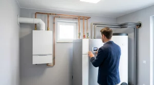Energieberater prüft Bedienfeld einer Wärmepumpen-Hydraulikstation neben Gaskessel im Heizraum – KI-generiertes Bild