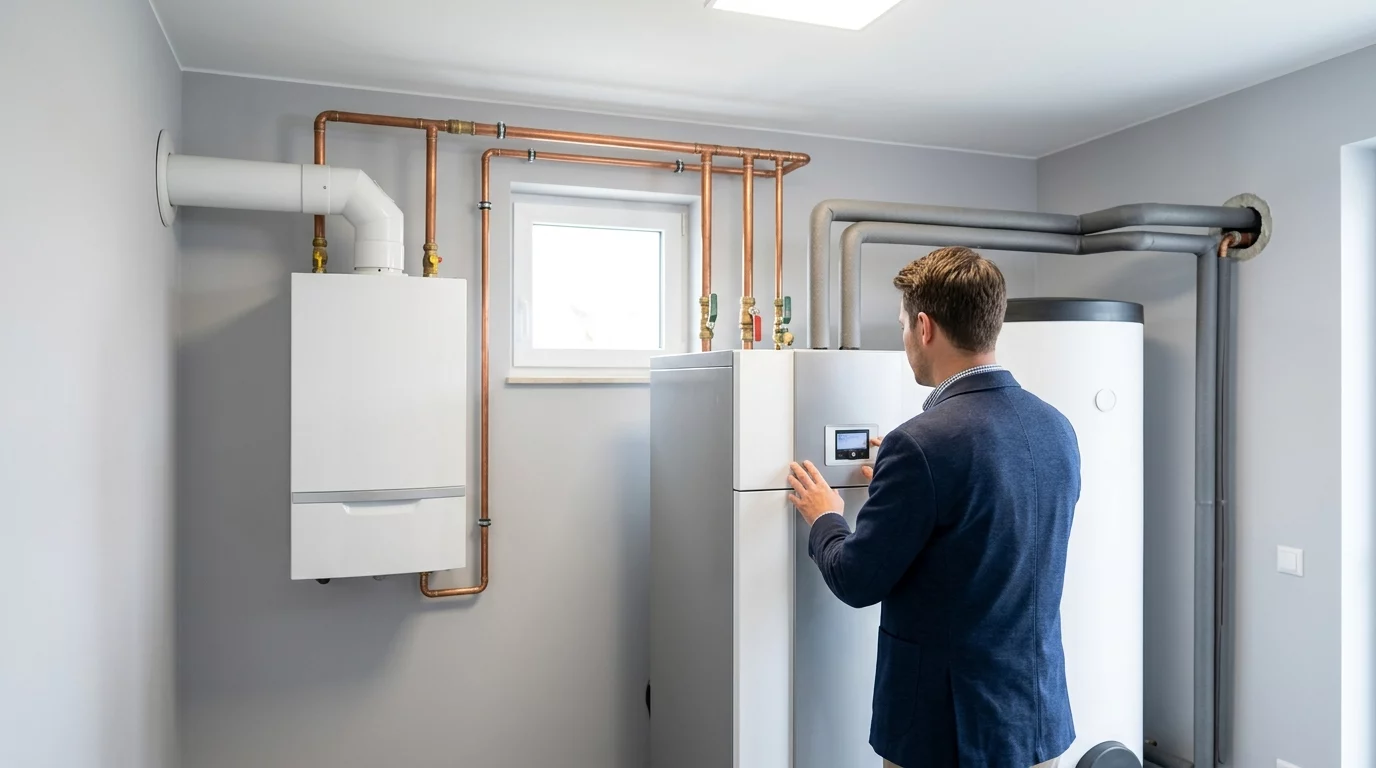 Energieberater prüft Bedienfeld einer Wärmepumpen-Hydraulikstation neben Gaskessel im Heizraum – KI-generiertes Bild