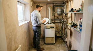 Energieberater prüft alte Heizung im kleinen Altbau-Heizungskeller vor dem Heizungstausch