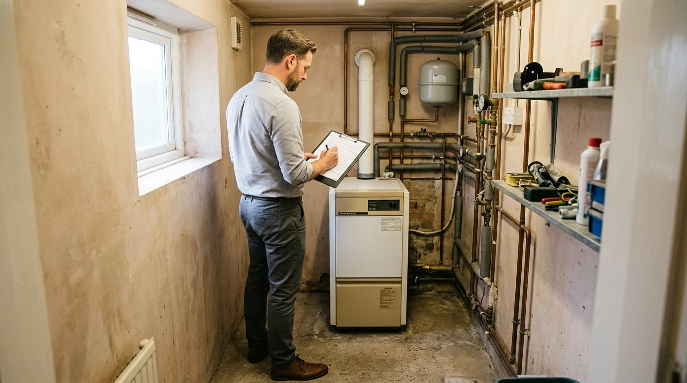 Energieberater prüft alte Heizung im kleinen Altbau-Heizungskeller vor dem Heizungstausch