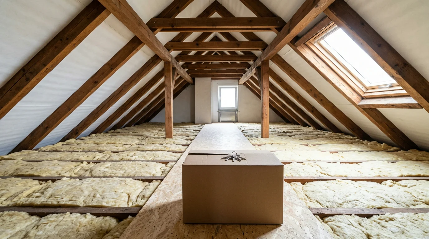 Gedämmte oberste Geschossdecke im Dachboden mit Umzugskarton und Hausschlüsseln nach dem Hauskauf – KI-generiertes Bild