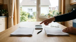Küchentisch mit zwei Unterlagenstapeln und Taschenrechner zum Vergleich von Steuerbonus und Zuschuss – KI-generiertes Bild